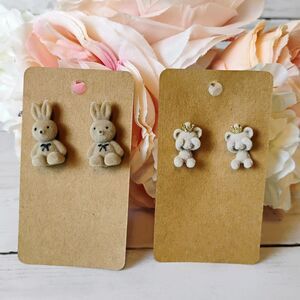 (2) New Flocked/Fuzzy Earrings Bunny Rabbits & Bear w/Crown Studs Cute, Funky 3D